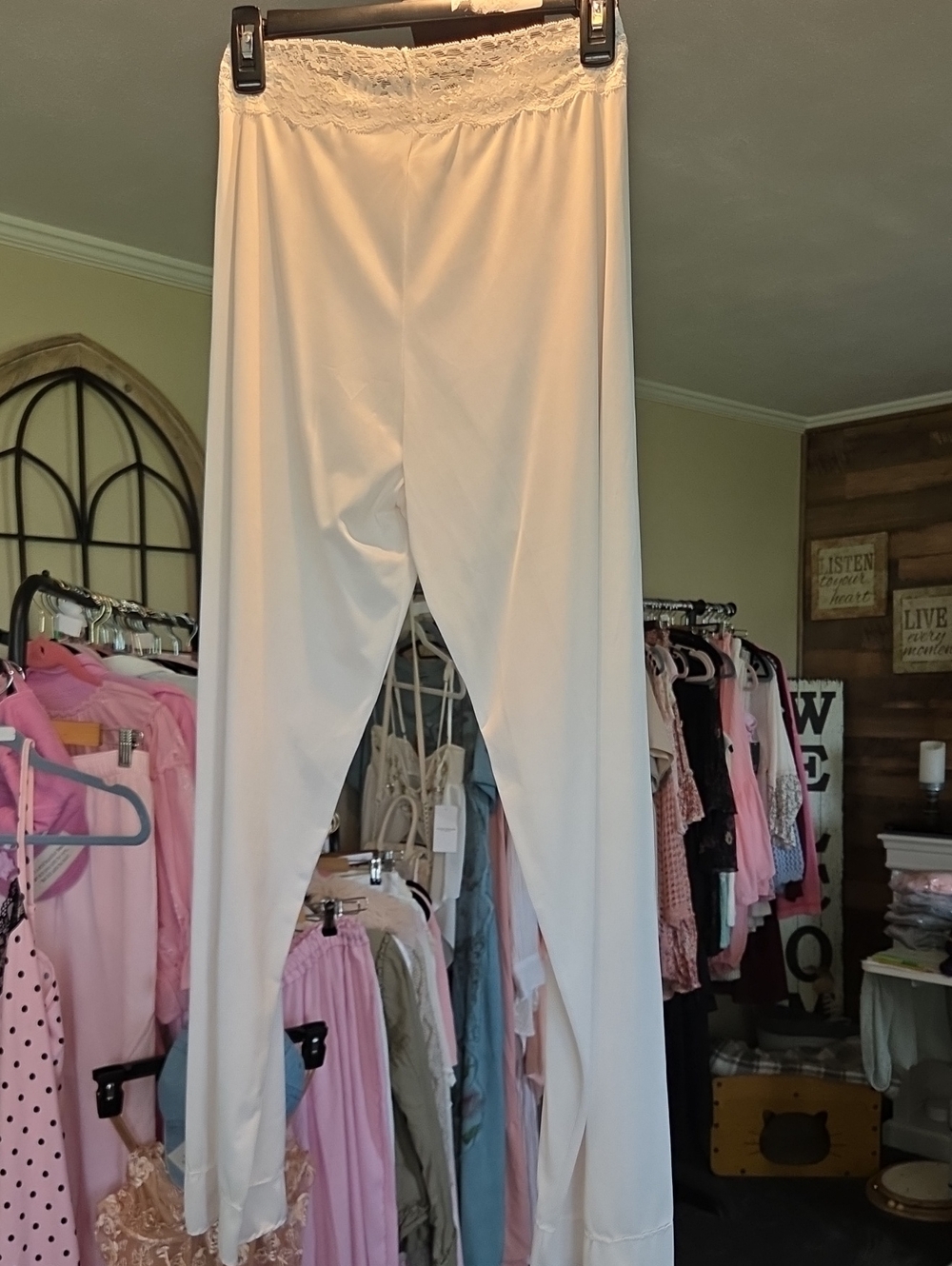 Vintage Cream Lace-Trim Slip Pants